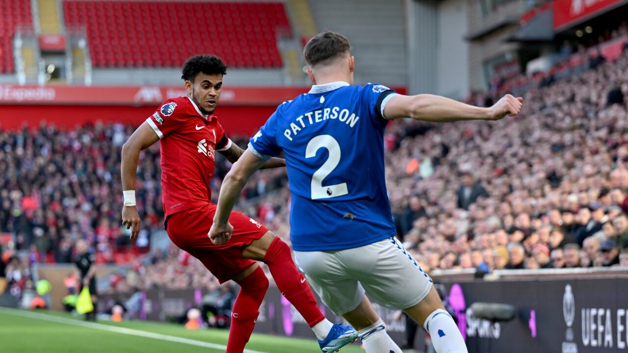 LIVERPOOL, ENGLAND - OCTOBER 21: (THE SUN OUT, THE SUN ON SUNDAY OUT) Luis Diaz of Liverpool during the Premier League match between Liverpool FC and Everton FC at Anfield on October 21, 2023 in Liverpool, England. (Photo by Andrew Powell/Liverpool FC via Getty Images)