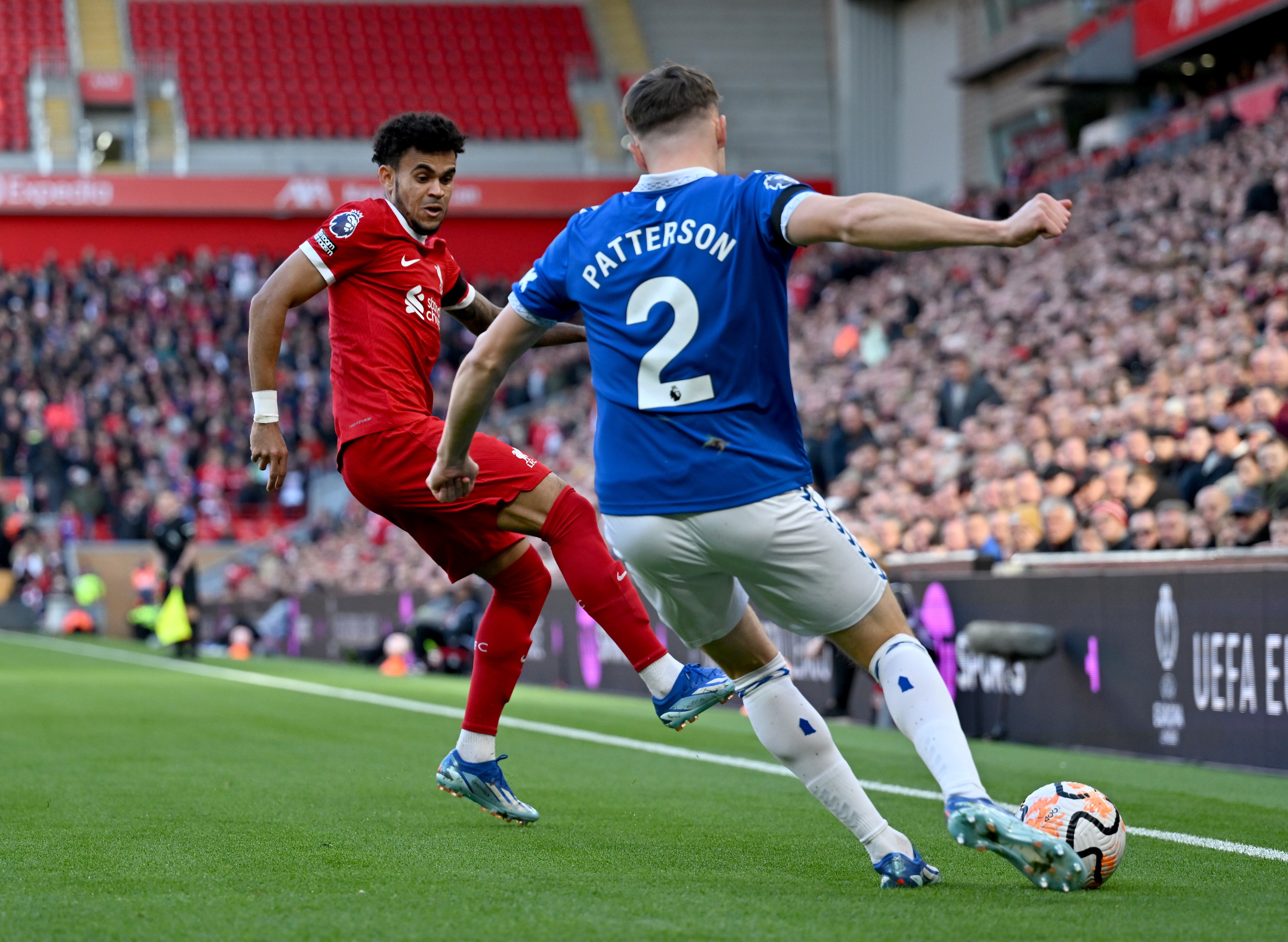 LIVERPOOL, ENGLAND - OCTOBER 21: (THE SUN OUT, THE SUN ON SUNDAY OUT) Luis Diaz of Liverpool during the Premier League match between Liverpool FC and Everton FC at Anfield on October 21, 2023 in Liverpool, England. (Photo by Andrew Powell/Liverpool FC via Getty Images)