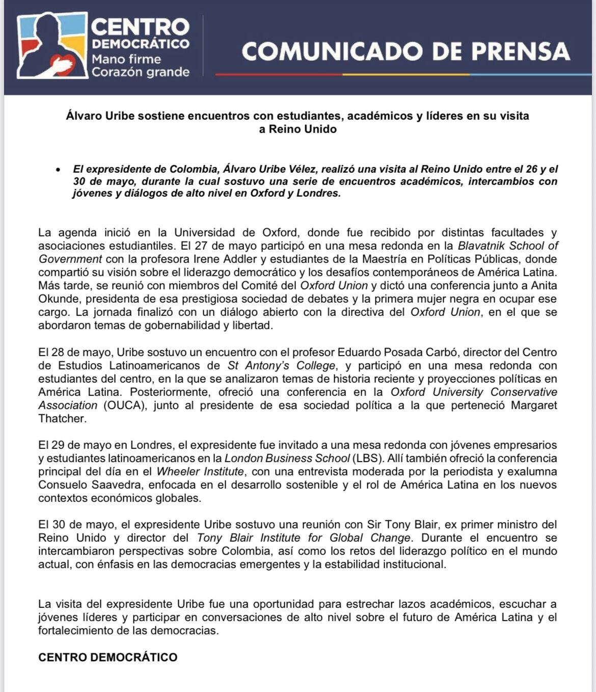 Comunicado Centro Democrático sobre la agenda del expresidente Uribe en el Reino Unido