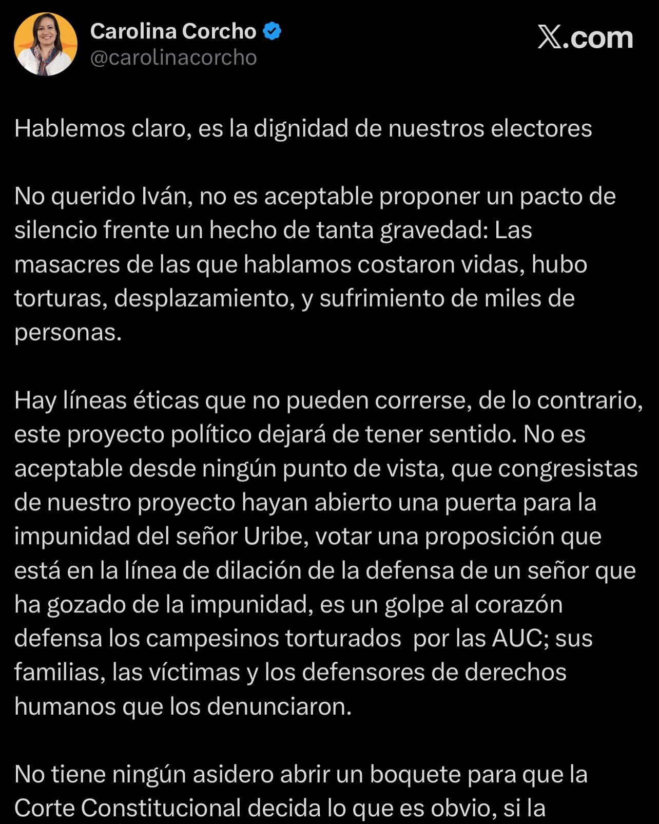 Trino eliminado de la senadora Carolina Corcho