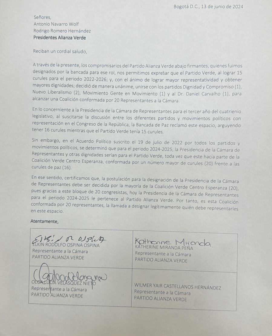 Un documento de la Alianza Verde firmado en junio de 2024 confirmó que el acuerdo político de julio de 2022 determinó que la Presidencia de la Cámara correspondería a la Coalición Verde Centro Esperanza.