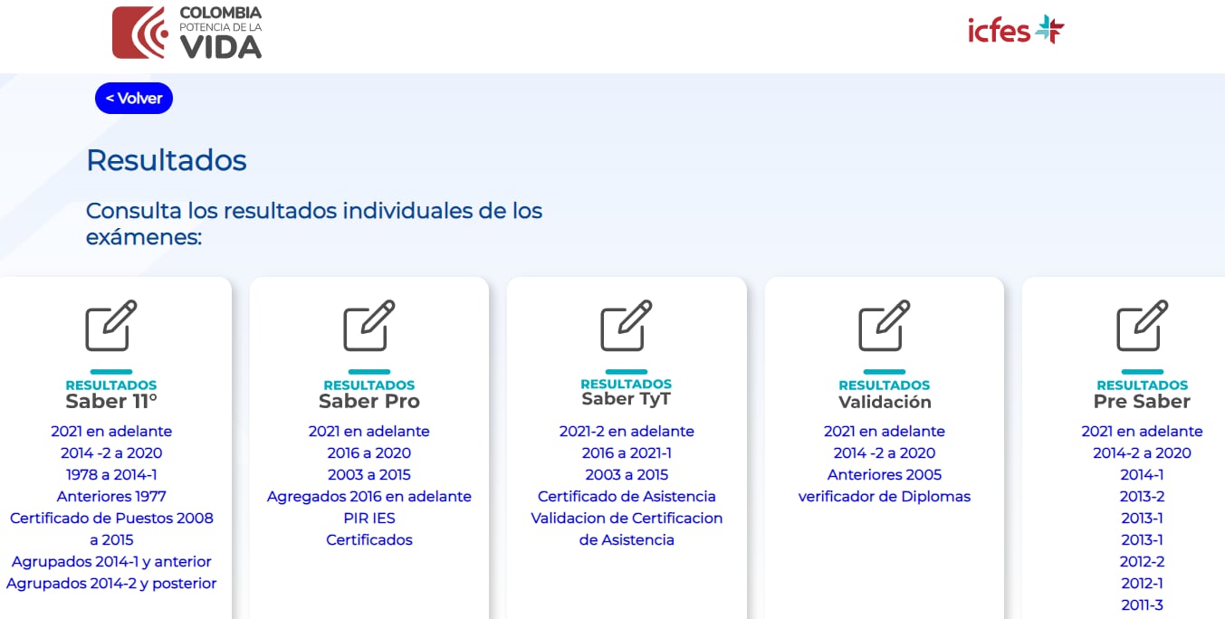 Así luce la plataforma del Icfes donde se pueden descargar los resultados de las diferentes pruebas.