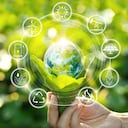 Mano que sostiene la bombilla contra la naturaleza en la hoja verde con iconos de fuentes de energía para el desarrollo renovable y sostenible. Concepto de ecología. Elementos de esta imagen proporcionados por la NASA.