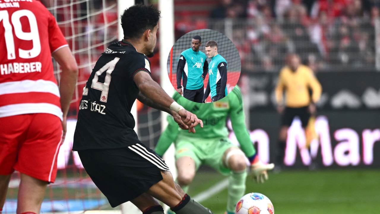 Momento exacto del remate de Luis Díaz ante Unión Berlín / Alexander isak y Florian Wirtz del Liverpool.