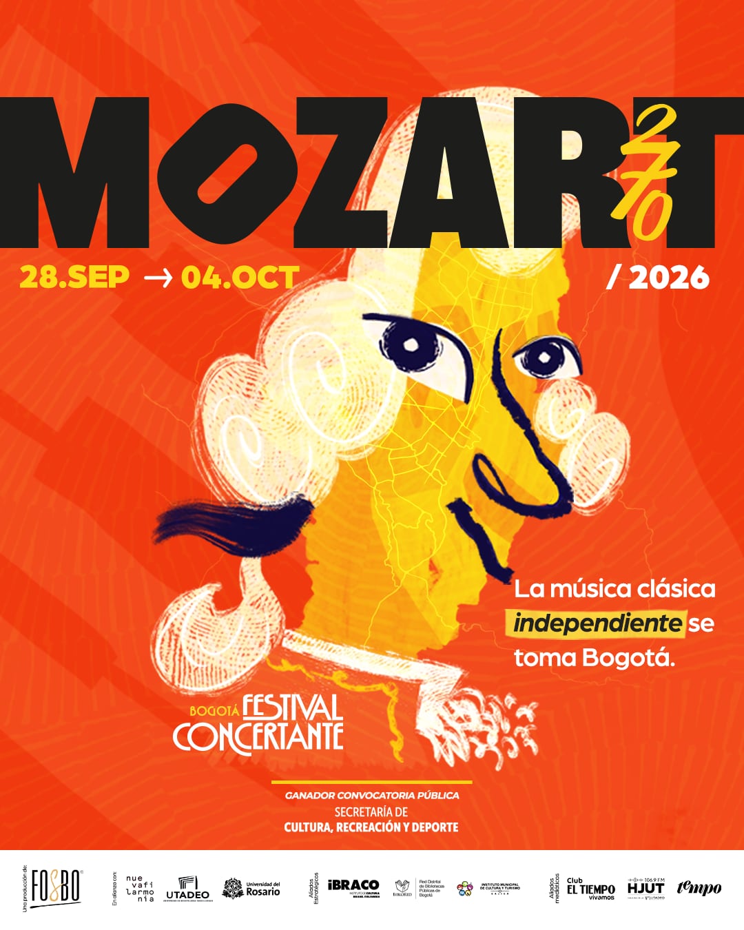 El afiche oficial fusiona la cara de Mozart con el mapa de Bogotá.