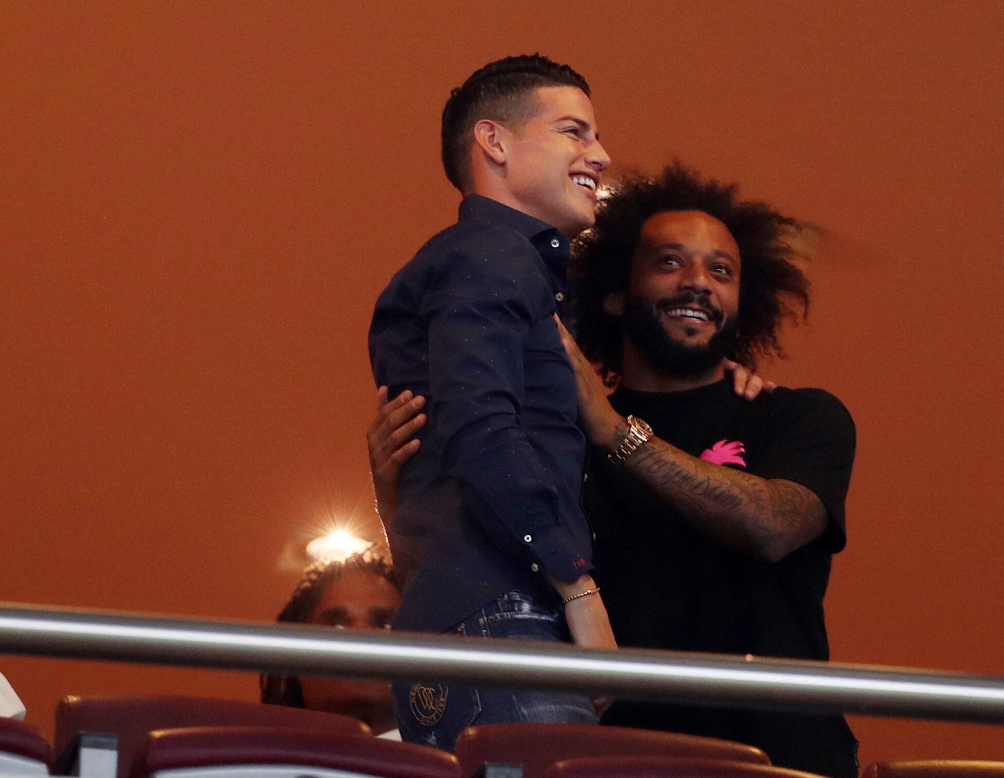 Soccer Football - Europa League - Group G - Olympiacos v SC Freiburg - Karaiskaki Stadium, Piraeus, Greece - September 15, 2022 James Rodriguez and Olympiacos' Marcelo are seen in the stands before the match REUTERS/Costas Baltas