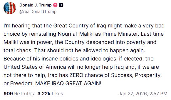 Mensaje de Trump apuntando contra Nuri al-Maliki