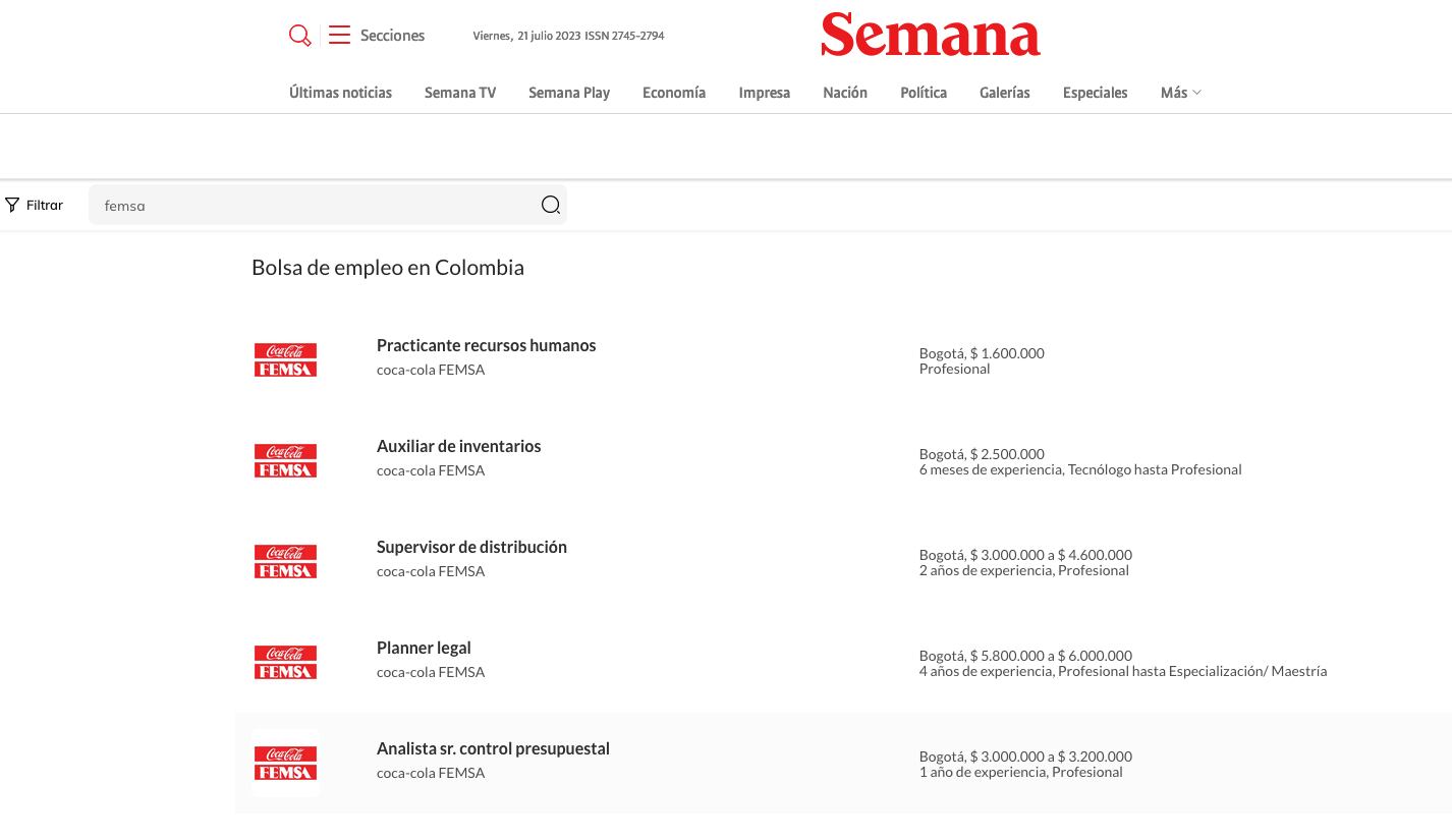 Las ofertas de empleo de Coca Cola y otras compañías las puede encontrar en https://www.semana.com/empleos/