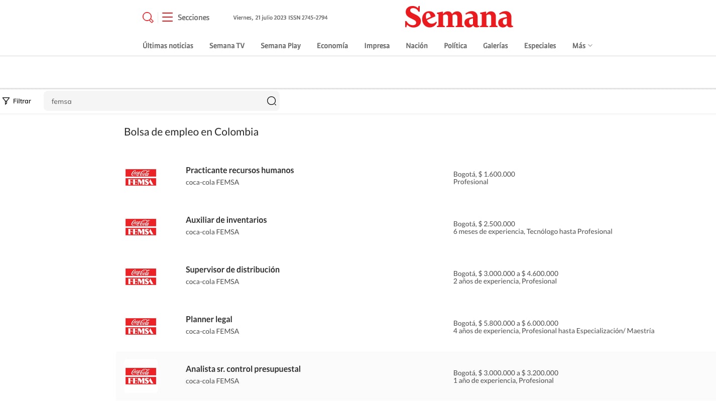 Las ofertas de empleo de Coca Cola y otras compañías las puede encontrar en https://www.semana.com/empleos/