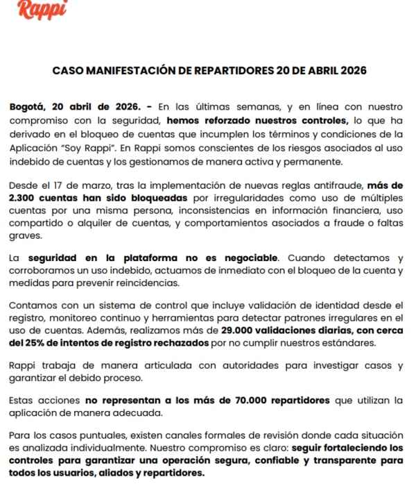 Comunicado de Rappi 20 de abril