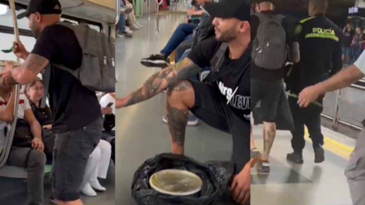 Hombre vendiendo sancocho en un vagón del Metro de Medellín.