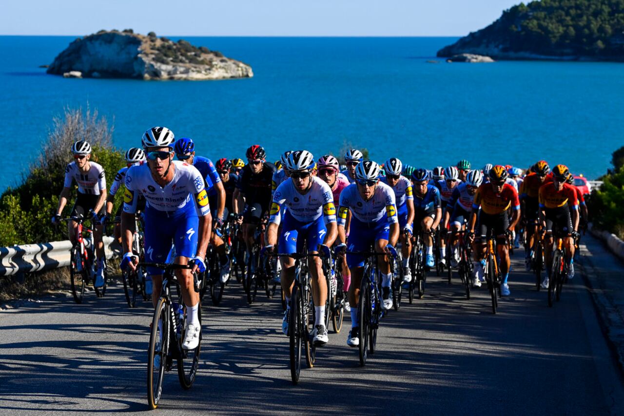 Cyclists pedal during the eight stage of the Giro d'Italia cycling race from Giovinazzo to Vieste, Italy, Saturday, Oct. 10, 2020. (Fabio Ferrari/LaPresse via AP)