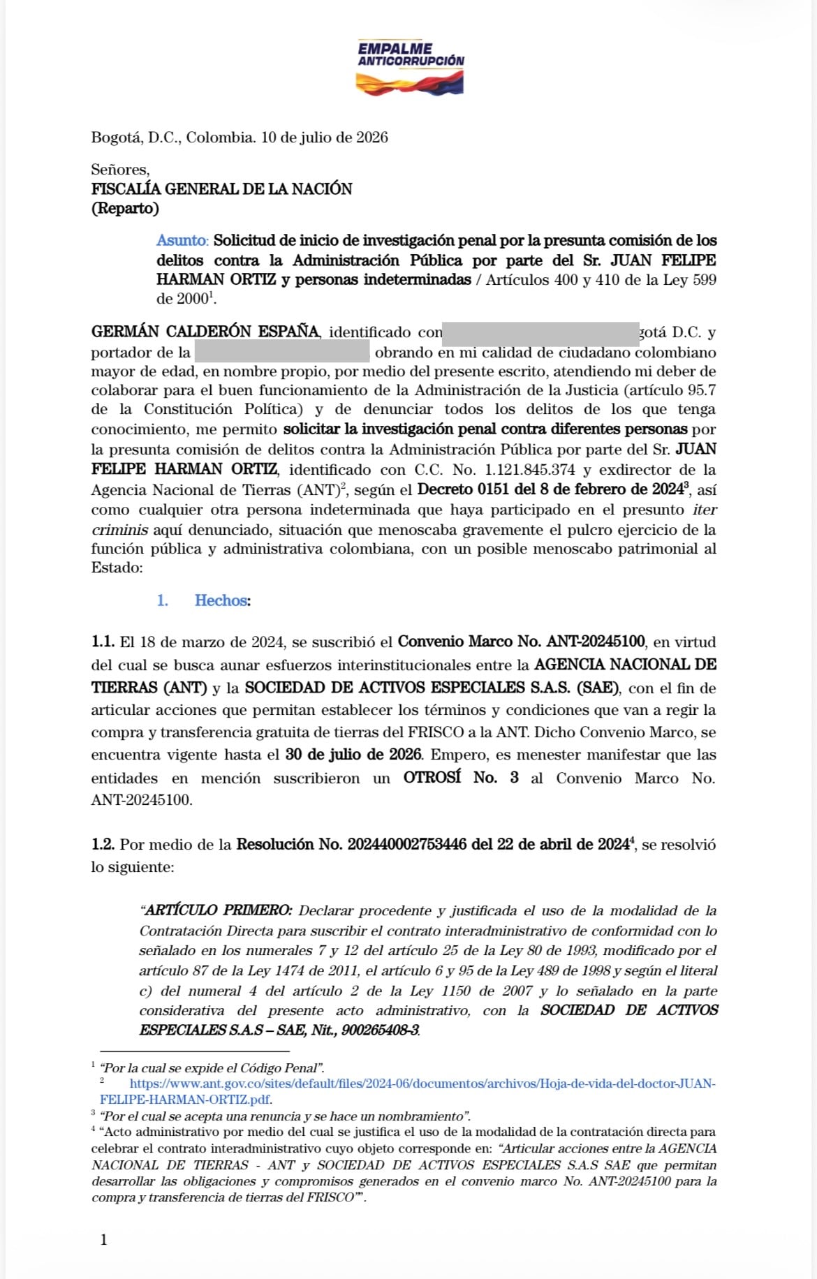 Denuncia penal del equipo del presidente electo Abelardo De La Espriella.