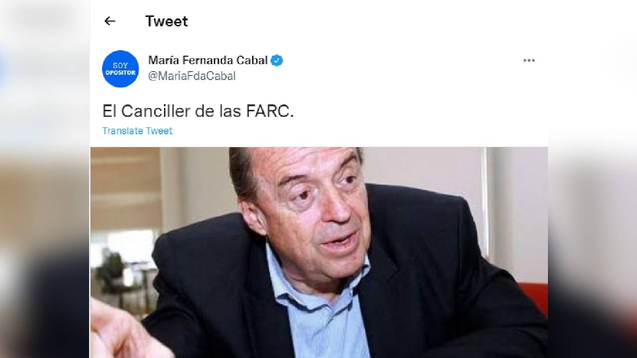 María Fernanda Cabal publicó en Twitter este mensaje, luego que el presidente electo Gustavo Petro informara sobre la designación de Leyva como canciller. Foto: Twitter @mariafdacabal.