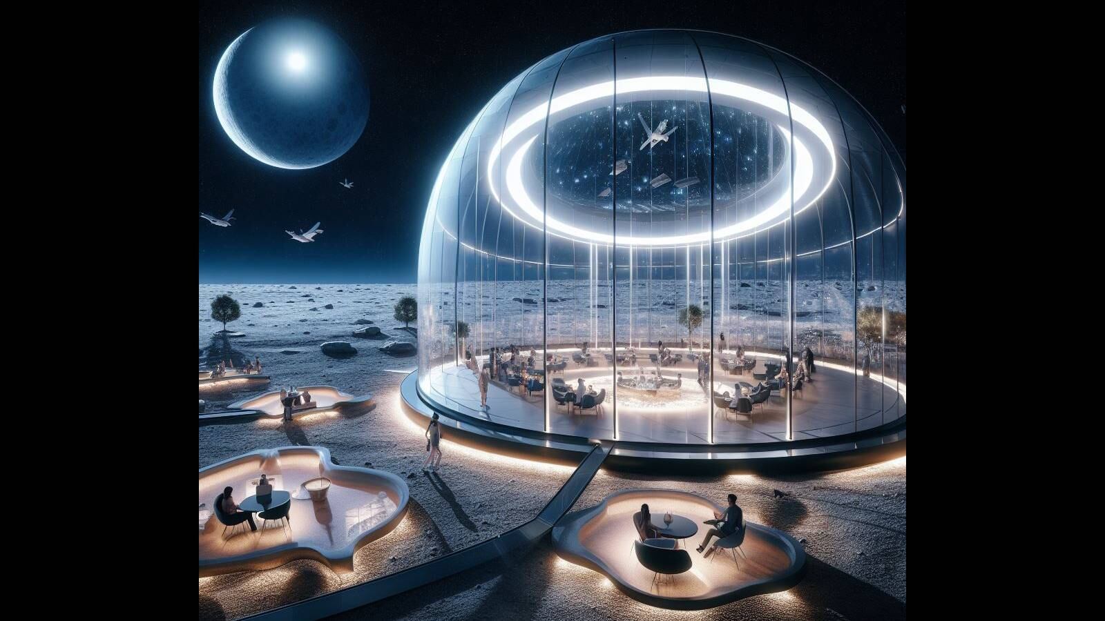 Ilustración generada sobre cómo sería un hotel en la Luna.