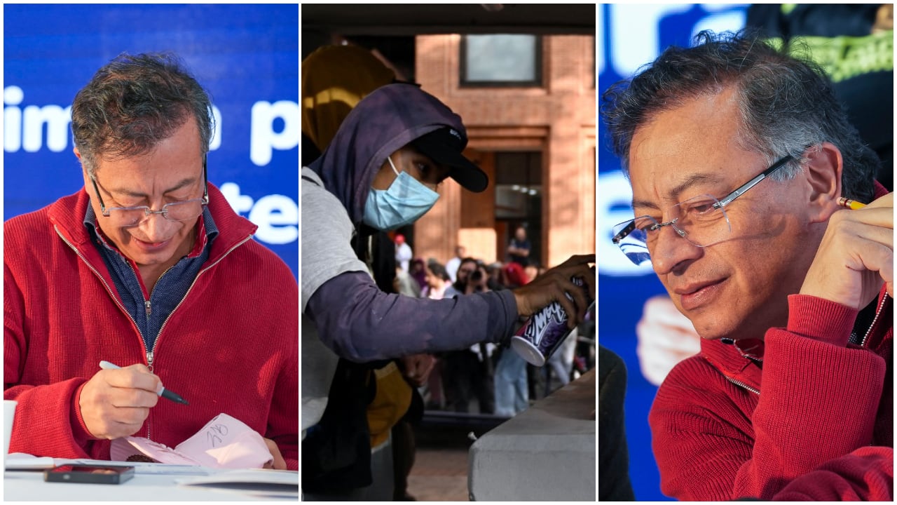 A los costados, el presidente, Gustavo Petro, en Zipaquirá (Cundinamarca), el 2 de octubre de 2025. En el centro, ese mismo día un manifestante vandalizando la estación del CAI de la calle 72, en Bogotá