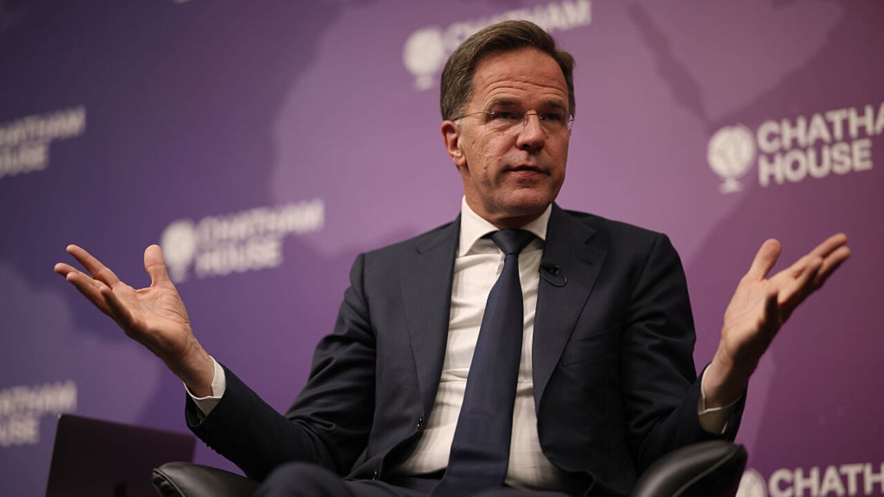 LONDON, ENGLAND - JUNE 9: NATO Secretary General Mark Rutte gestures as he speaks at Chatham House on June 9, 2025 in London, England. NATO Secretary General Mark Rutte is giving a speech at Chatham House, the London-based international affairs think tank, on priorities for the NATO Summit taking place in The Hague on June 24-25. During his visit to the UK on Monday he is also scheduled to meet with Prime Minister Keir Starmer and visit Sheffield Forgemasters with Defence Secretary John Healey. (Photo by Dan Kitwood/Getty Images)