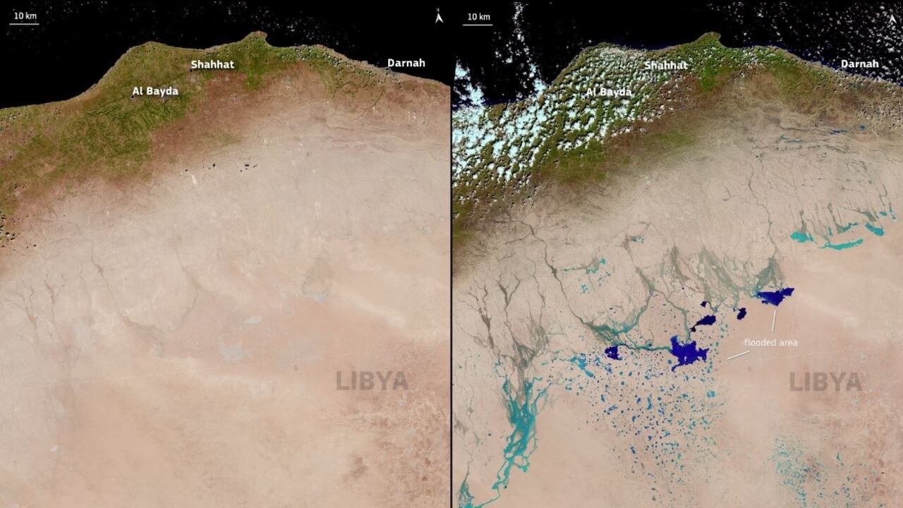 La tormenta Daniel deja lagos en el desierto visibles desde el espacio