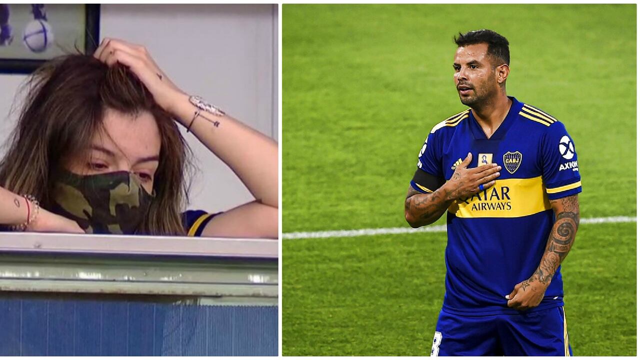 El colombiano Edwin Cardona toca imagen en su uniforme del fallecido Diego Armando Maradona, en el festejo por anotar el primer gol del Boca Juniors en el partido del torneo local ante Newell's Old Boys, en el estadio Alberto J. Armando de Buenos Aires, Argentina, el domingo 29 de noviembre de 2020. (Marcelo Endelli/Pool v�a AP)