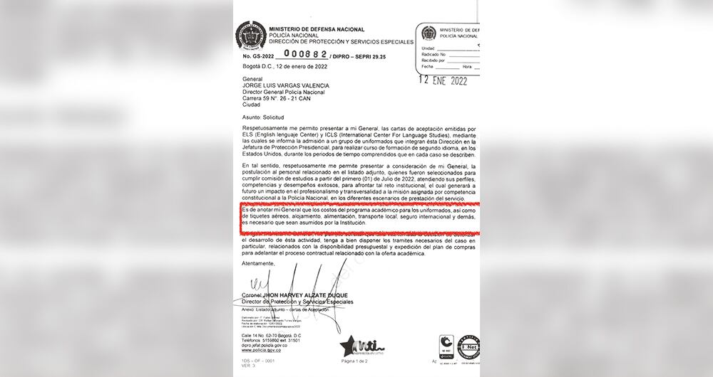  SEMANA conoció documentos en los que la Policía advierte que los costos de alojamiento, alimentación y otros gastos, como transporte, serán asumidos por la institución. Seis meses después retiraron los recursos.