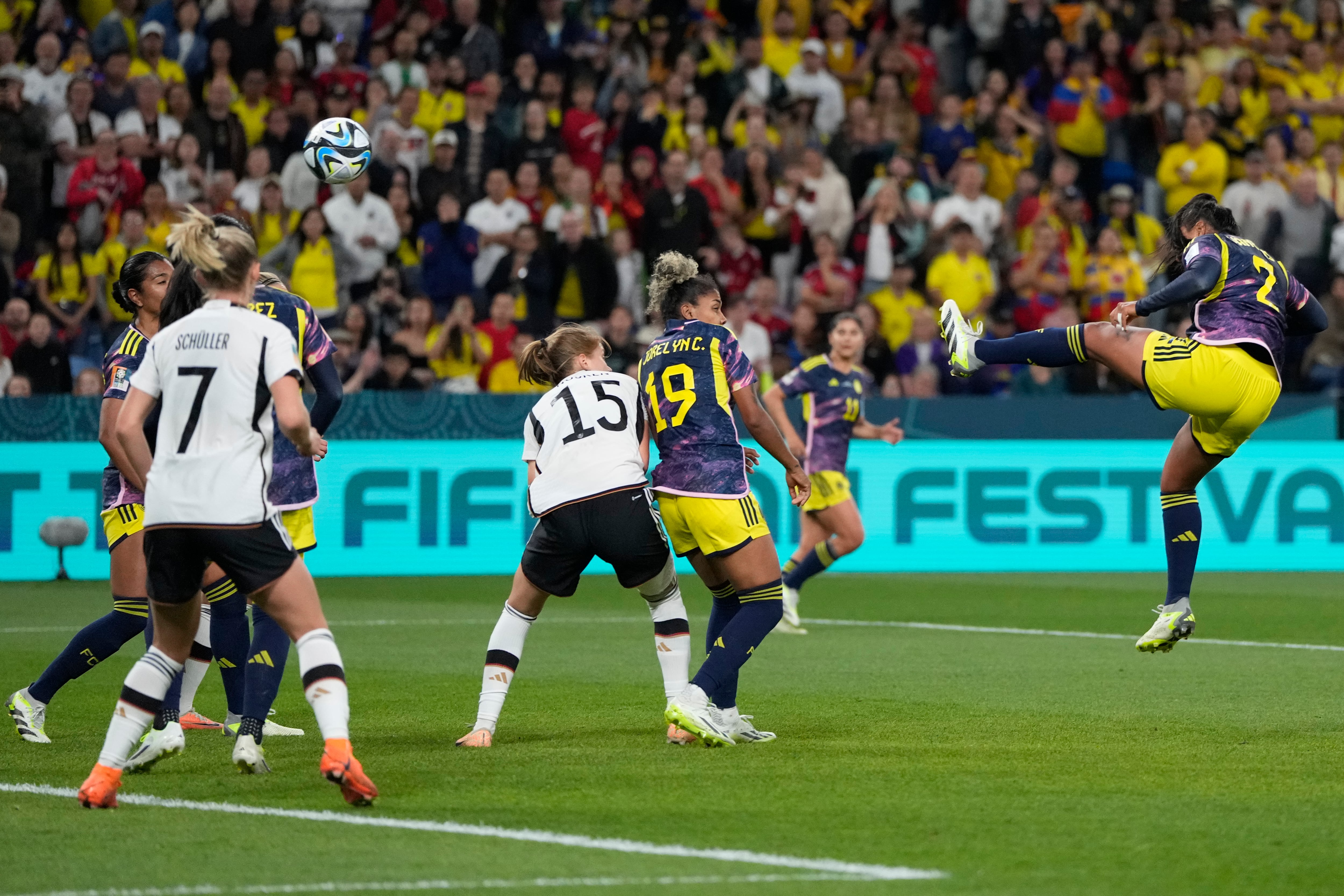 Colombia's Manuela Vanegas, right, scores her side's second goal during the Women's World Cup Group H soccer match between Germany and Colombia at the Sydney Football Stadium in Sydney, Australia, Sunday, July 30, 2023. (AP Photo/Rick Rycroft)
