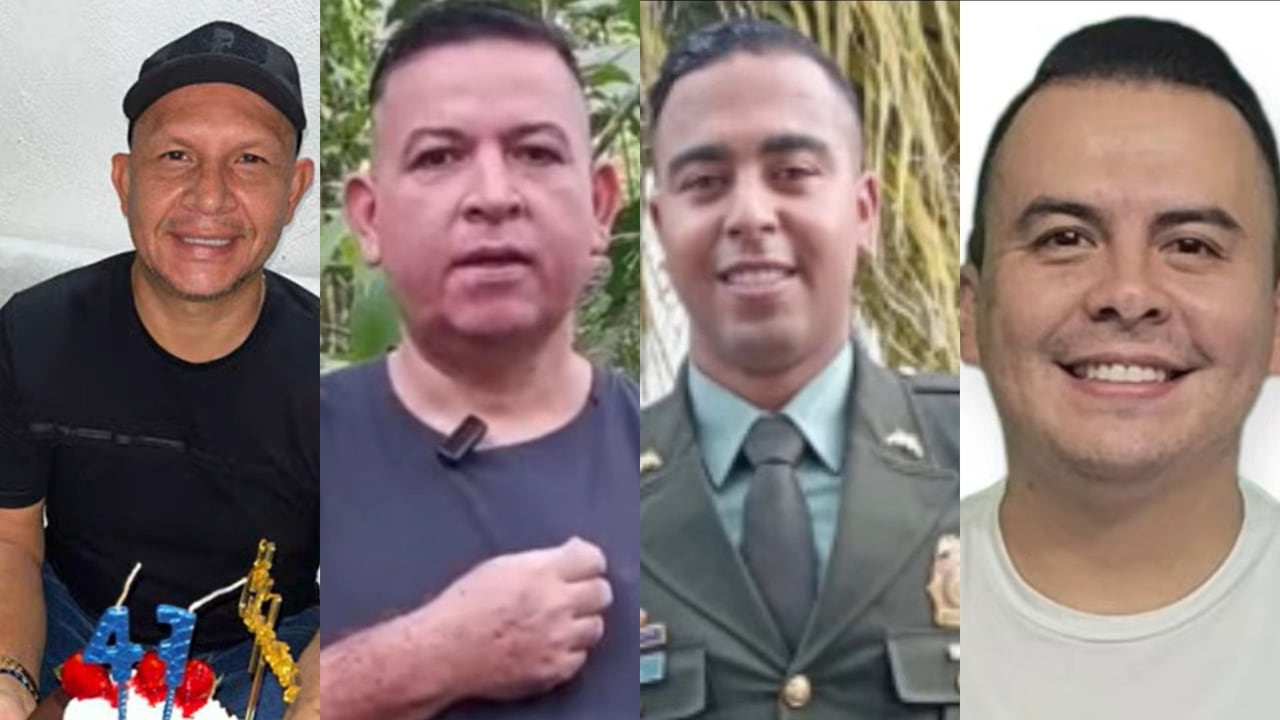 Jesús Antonio Pacheco, Rodrigo Antonio López, Franque Esley Hoyos y Yordin Fabián Pérez, funcionarios del CTI y agentes de la Dijín secuestrados por el ELN en diferentes fechas de 2025.