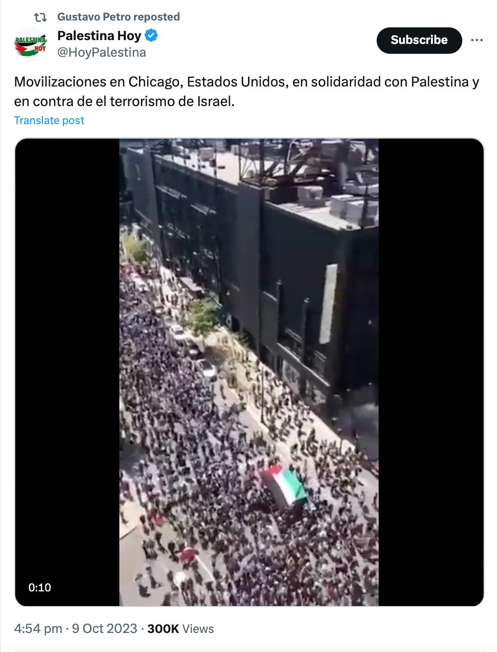Trino de Petro sobre marchas a favor de Palestina en Chicago.