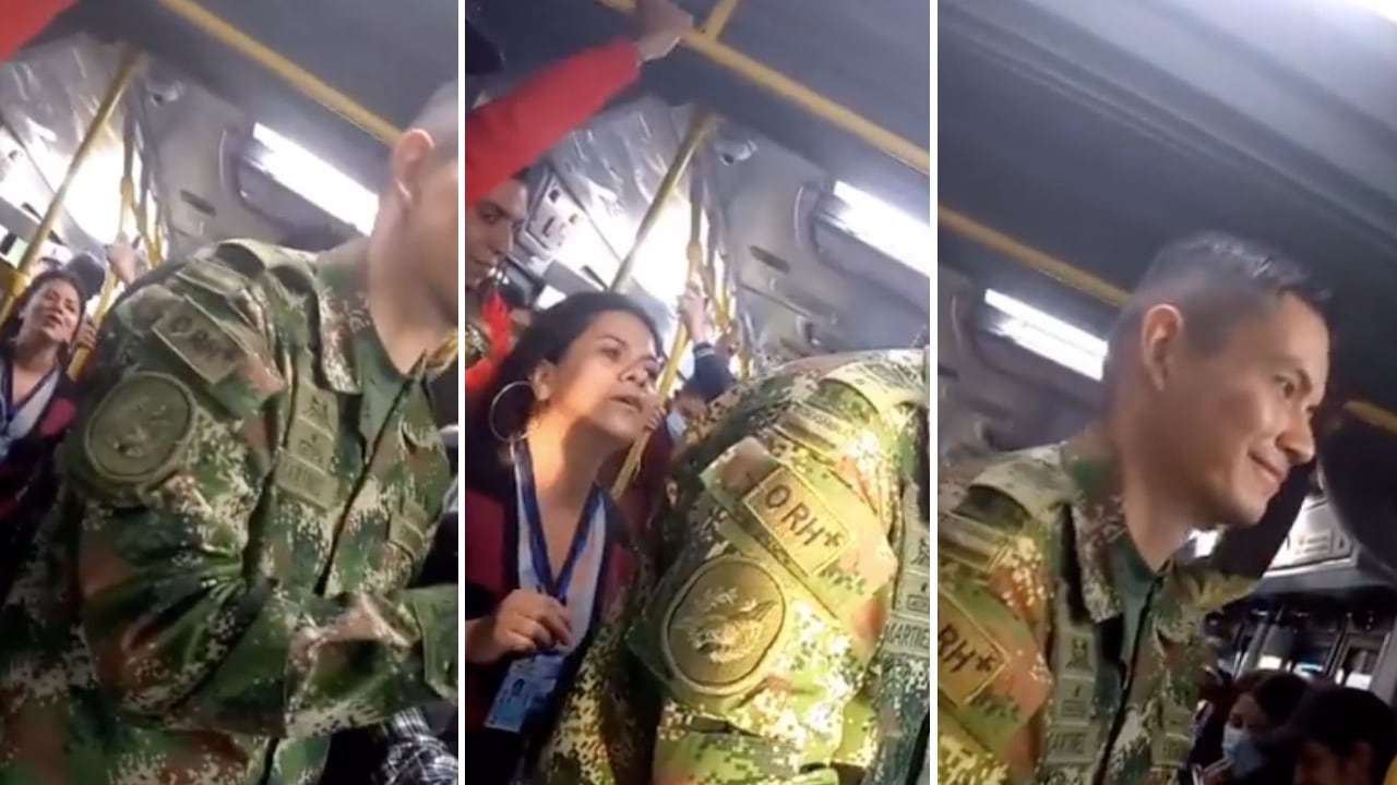Soldado recibió piropos en Transmilenio.
