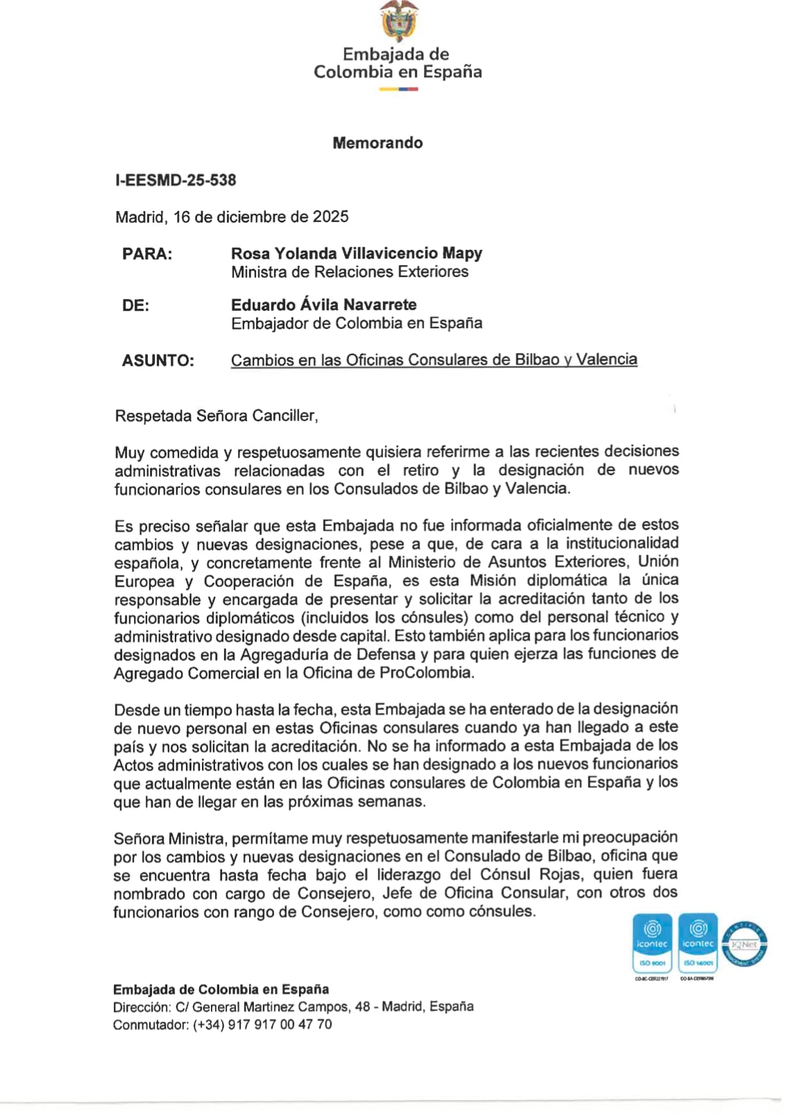 Memorando del embajador de Colombia en España a Rosa Villavicencio.