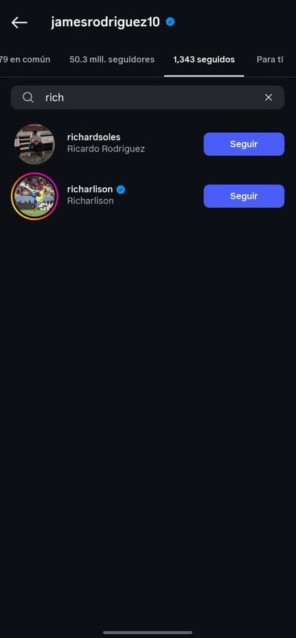 James Rodríguez no sigue a Richard Ríos en su cuenta de Instagram
