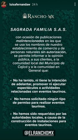 Luisa Fernanda W señaló en un comunicado que no es cierto que se estén realizando construcciones en su restaurante con relación a una plaza de todos. Foto: captura de pantalla Instagram @luisafernandaw