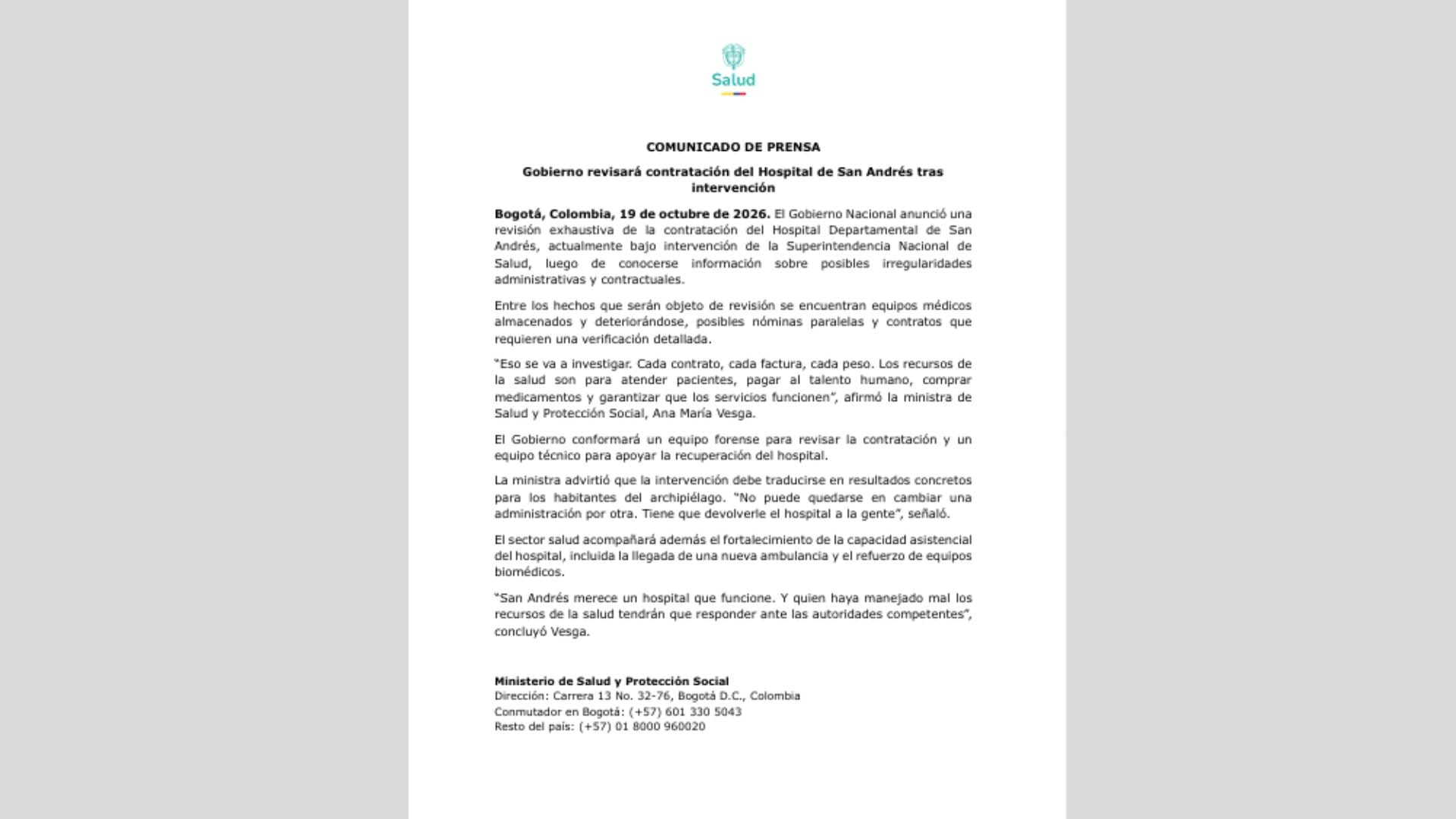 Comunicado Ministerio de Salud