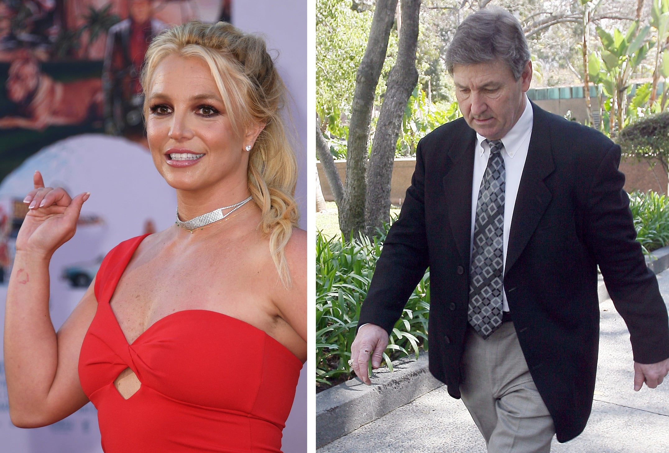 Britney Spears (foto de 2019) y su padre, Jamie Spears (foto de 2008).