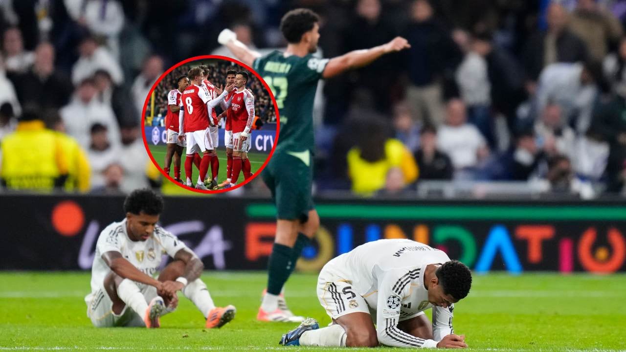 Jugadores del Real Madrid se lamentan tras el triunfo del City / Arsenal celebra un gol contra Brujas.