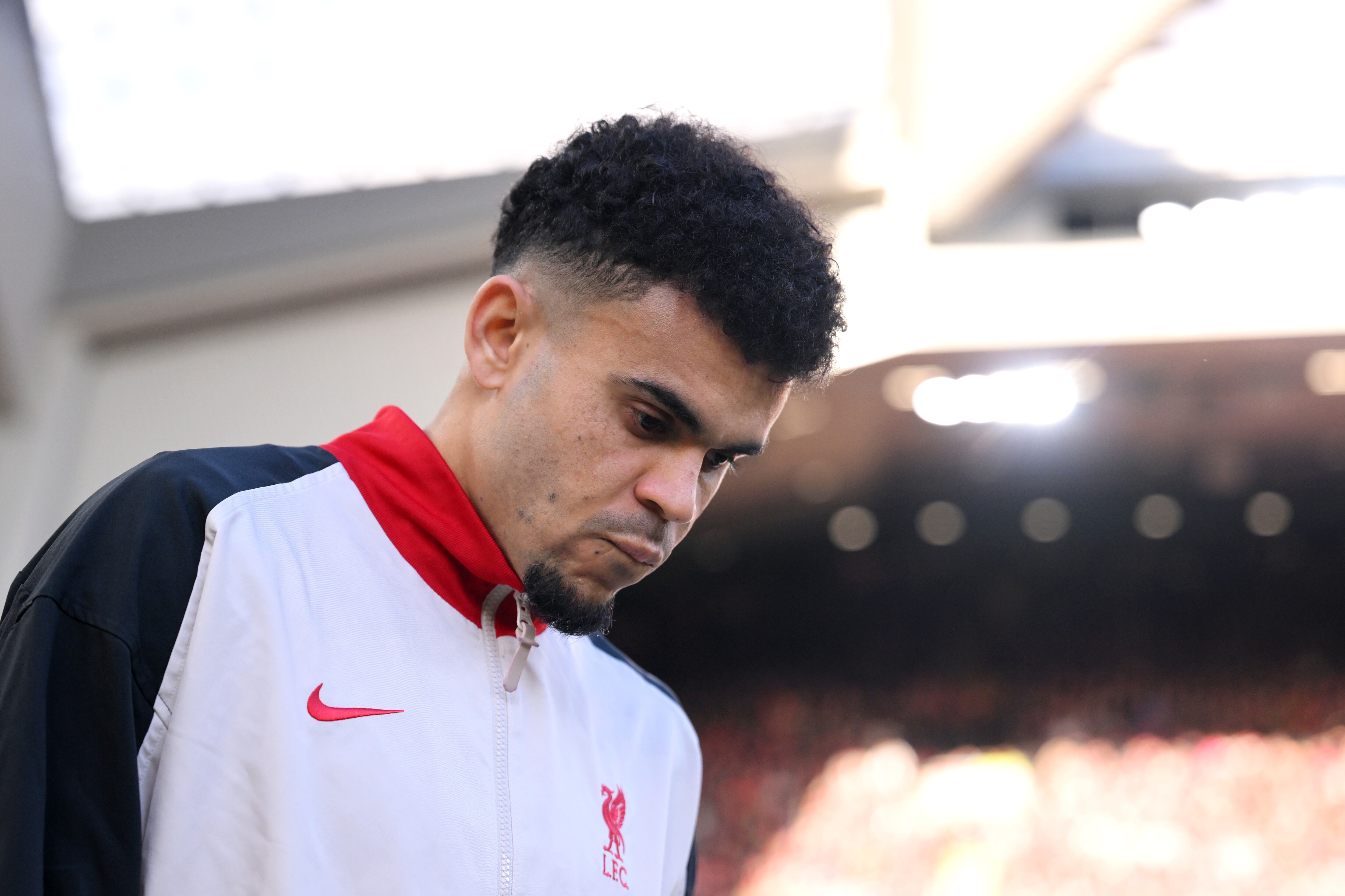LIVERPOOL, ENGLAND - JANUARY 25: (THE SUN OUT, THE SUN ON SUNDAY OUT) Luis Diaz of Liverpool lines up on the pitch prior to the Premier League match between Liverpool FC and Ipswich Town FC at Anfield on January 25, 2025 in Liverpool, England. (Photo by Liverpool FC/Liverpool FC via Getty Images)
