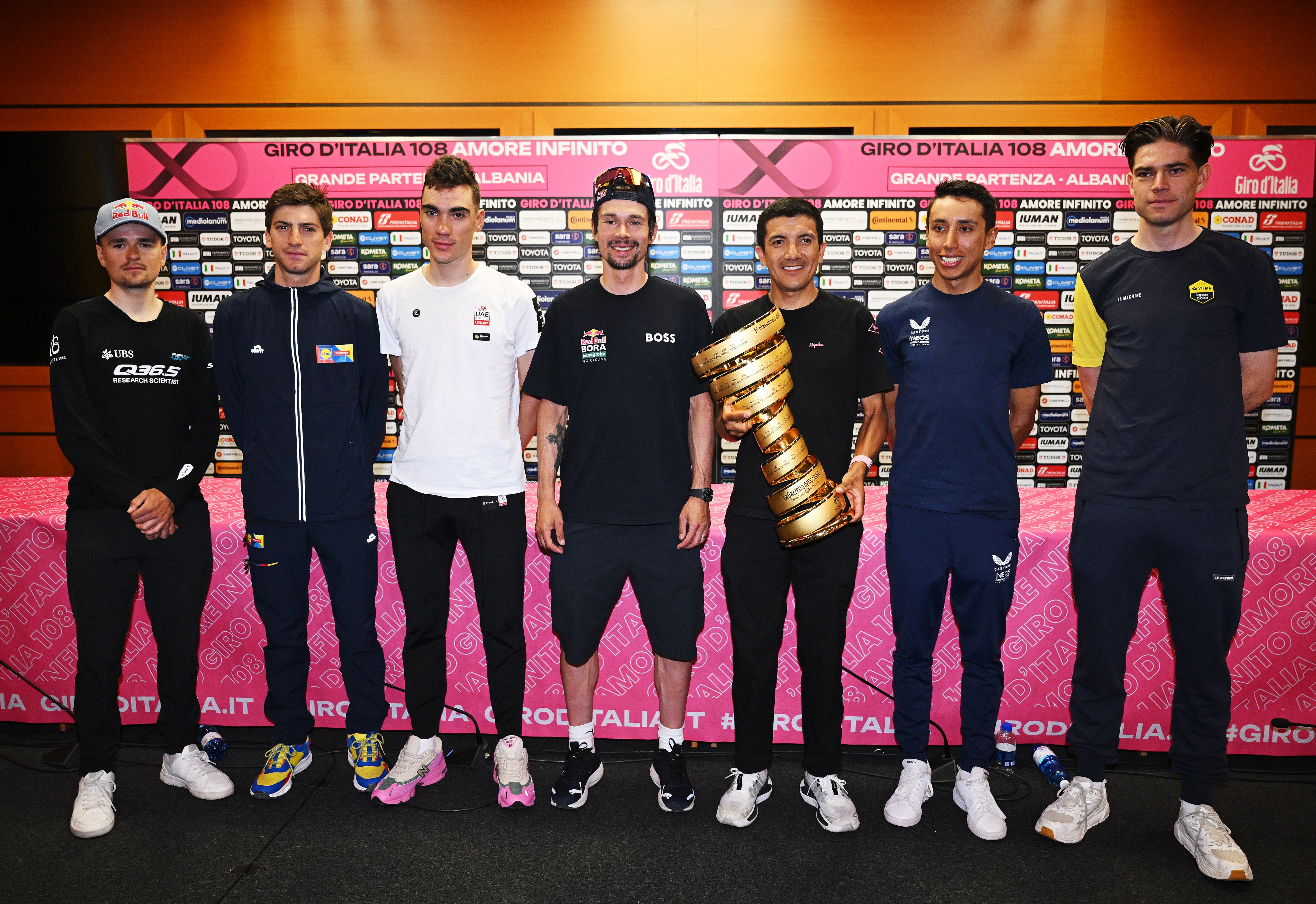 TIRANA, ALBANIA - MAY 08: (L-R) Thomas Pidcock of Great Britain and Team Q36.5 Pro Cycling, Giulio Ciccone of Italy and Team Lidl - Trek, Juan Ayuso of Spain and UAE Team Emirates XRG, Primoz Roglic of Slovenia and Team Red Bull - BORA - hansgrohe, Richard Carapaz of Ecuador and Team EF Education - Easypost, Egan Bernal of Colombia and Team INEOS Grenadiers an Wout Van Aert of Belgium and Team Visma | Lease A Bike with Trofeo Senza Fine during the 108th Giro d'Italia 2025 - Top Riders Press Conference / #UCIWT / on May 08, 2025 in Tirana, Albania. (Photo by Dario Belingheri/Getty Images)