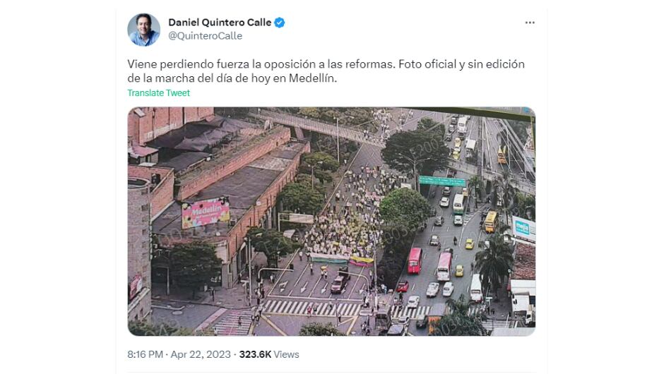 Trino de Daniel Quintero sobre la asistencia a las protestas de este sábado en Medellín.
