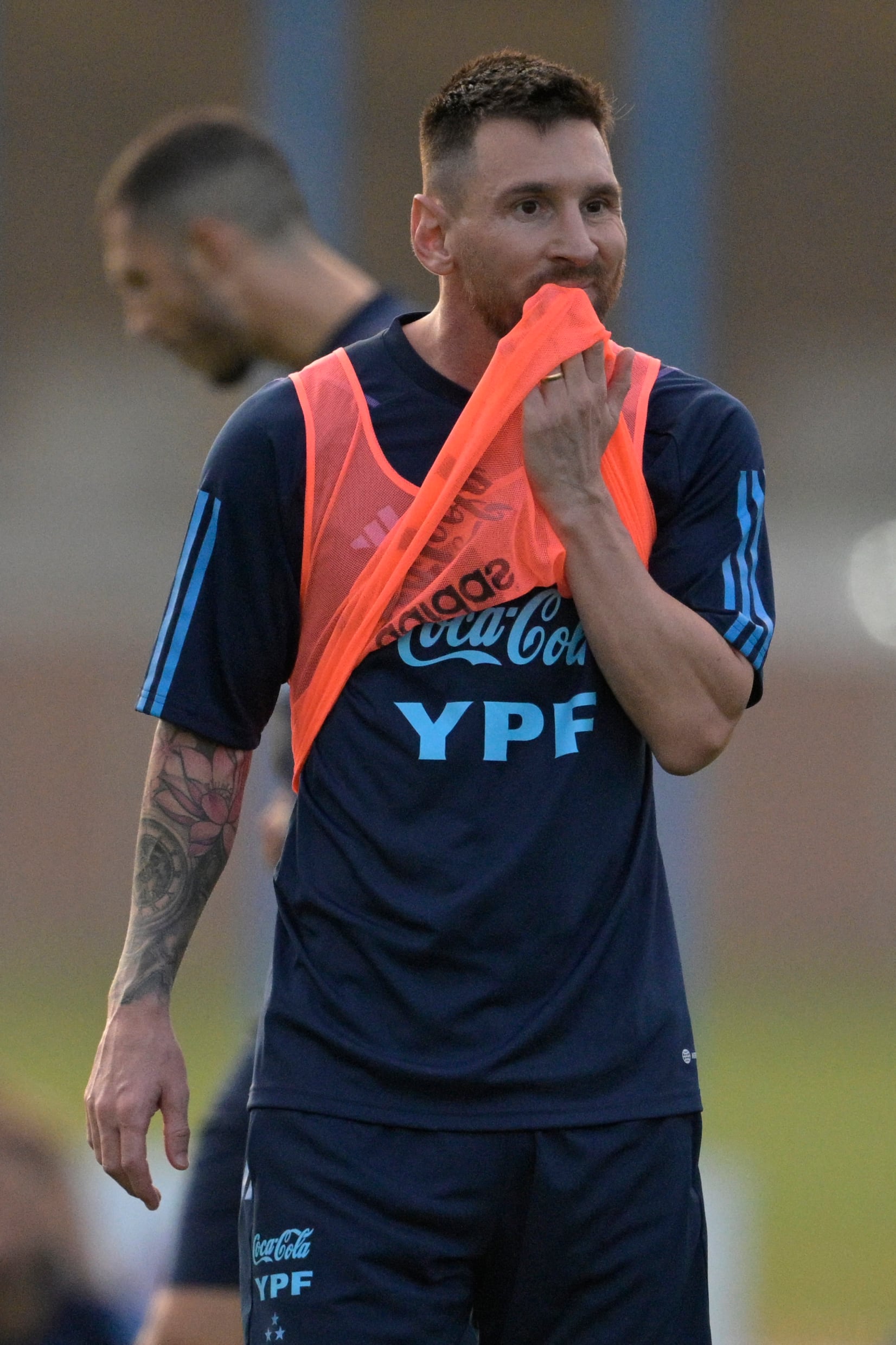 Argentina's forward Lionel Messi gestures during a training session in Ezeiza, Buenos Aires, on October 10, 2023, ahead of FIFA World Cup 2026 qualifier football matches against Paraguay and Peru. (Photo by Juan MABROMATA / AFP)