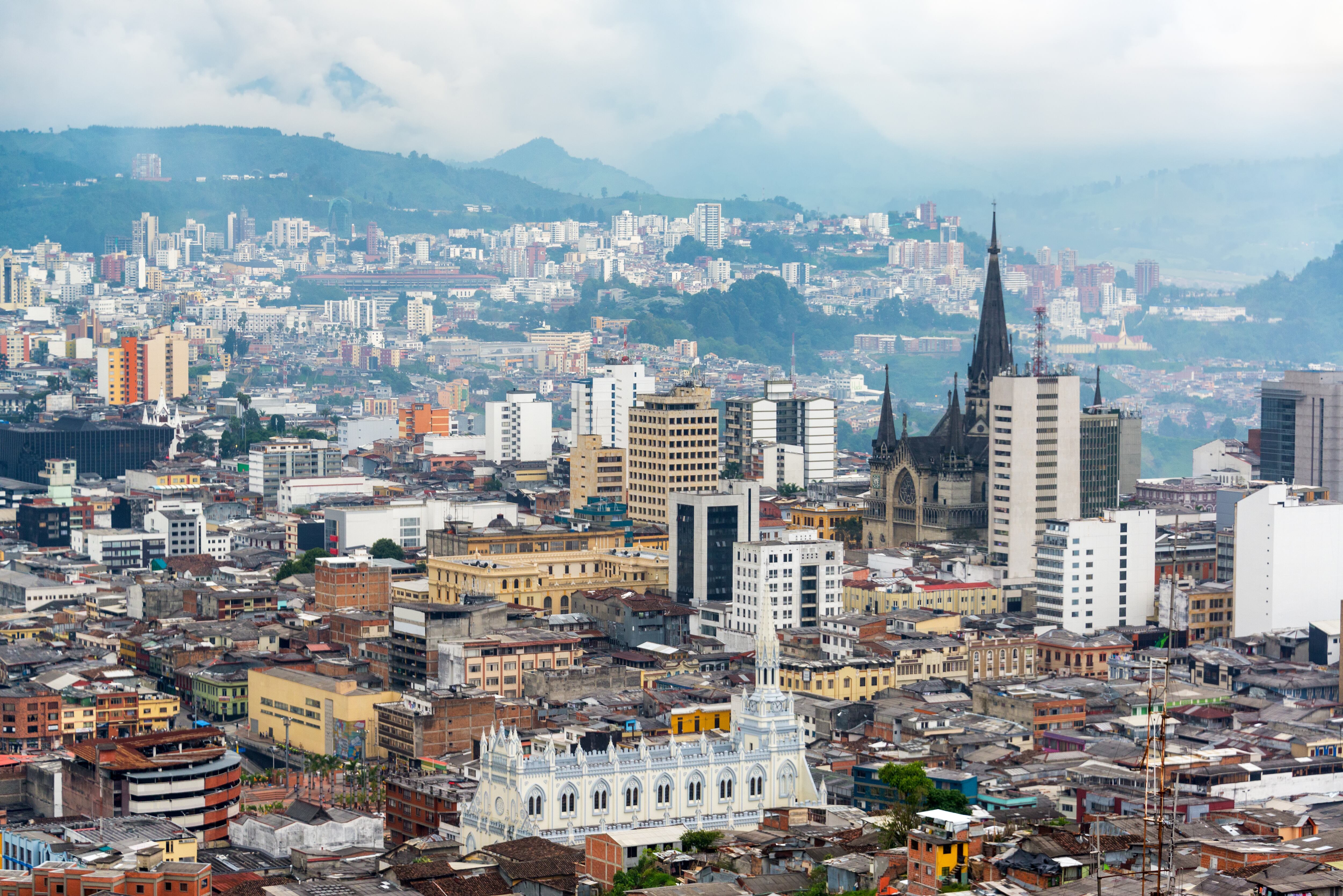 View of downtown Manizales, Colombia with the cathedral visible