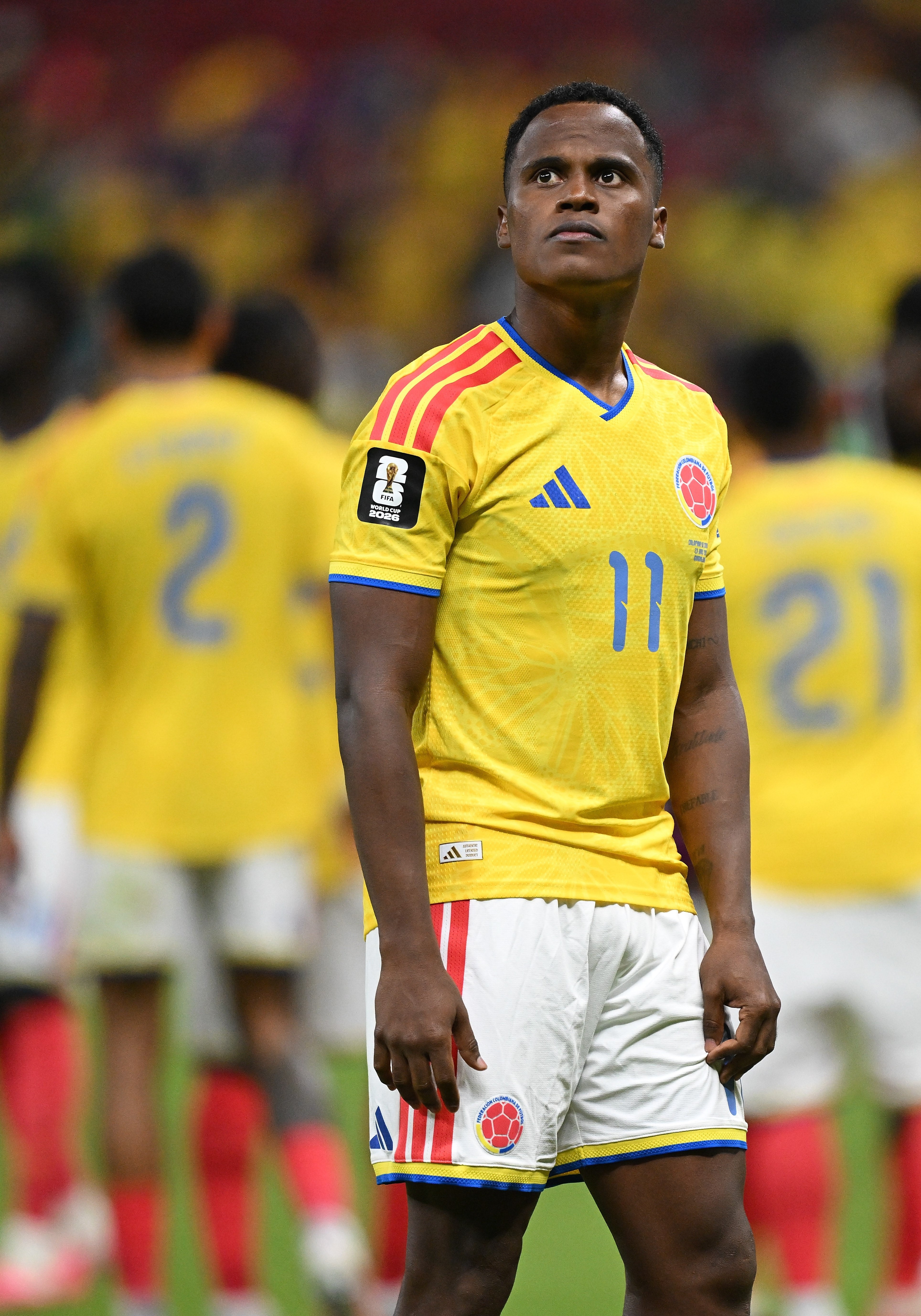 Jhon Arias of Colombia reacts after the group K match between Colombia and the Democratic Republic of the Congo DRC at the 2026 FIFA World Cup at Guadalajara Stadium in Guadalajara, Mexico, June 23, 2026. (Photo by Li Muzi/Xinhua via Getty Images)