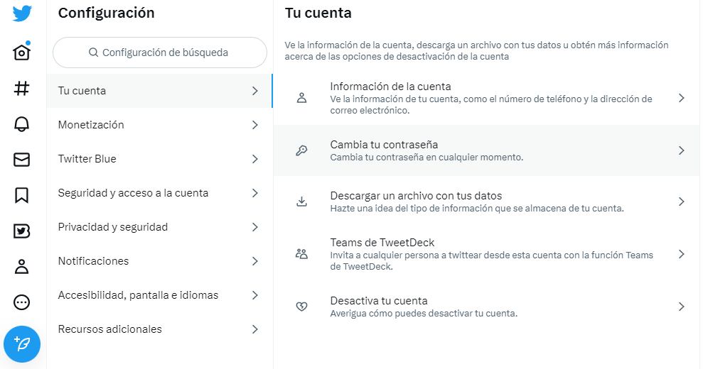 Menú para desactivar una cuenta en Twitter.