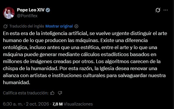 El papa León XIV distinguió entre la creación humana y los resultados de la inteligencia artificial