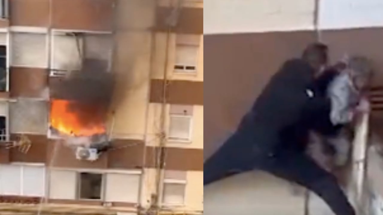 Momento del incendio y rescate de uno de los menores.