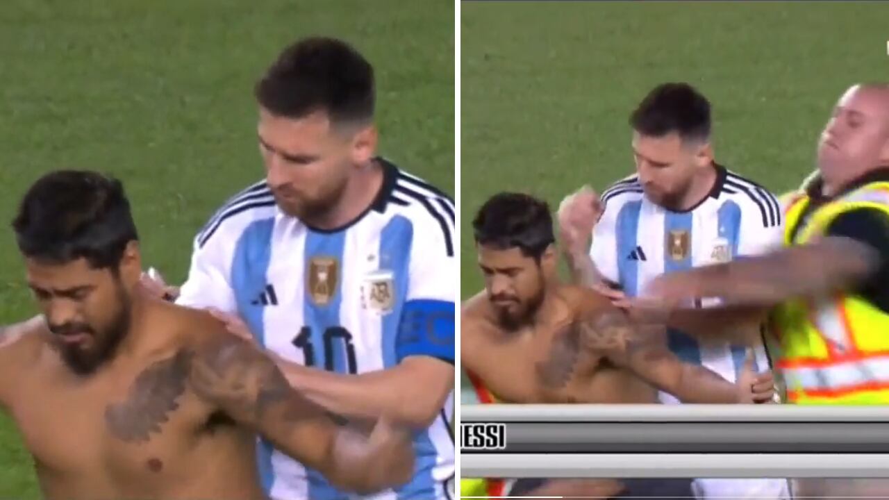 Un aficionado fue derribado por la seguridad justo cuando Messi le firmaba la espalda