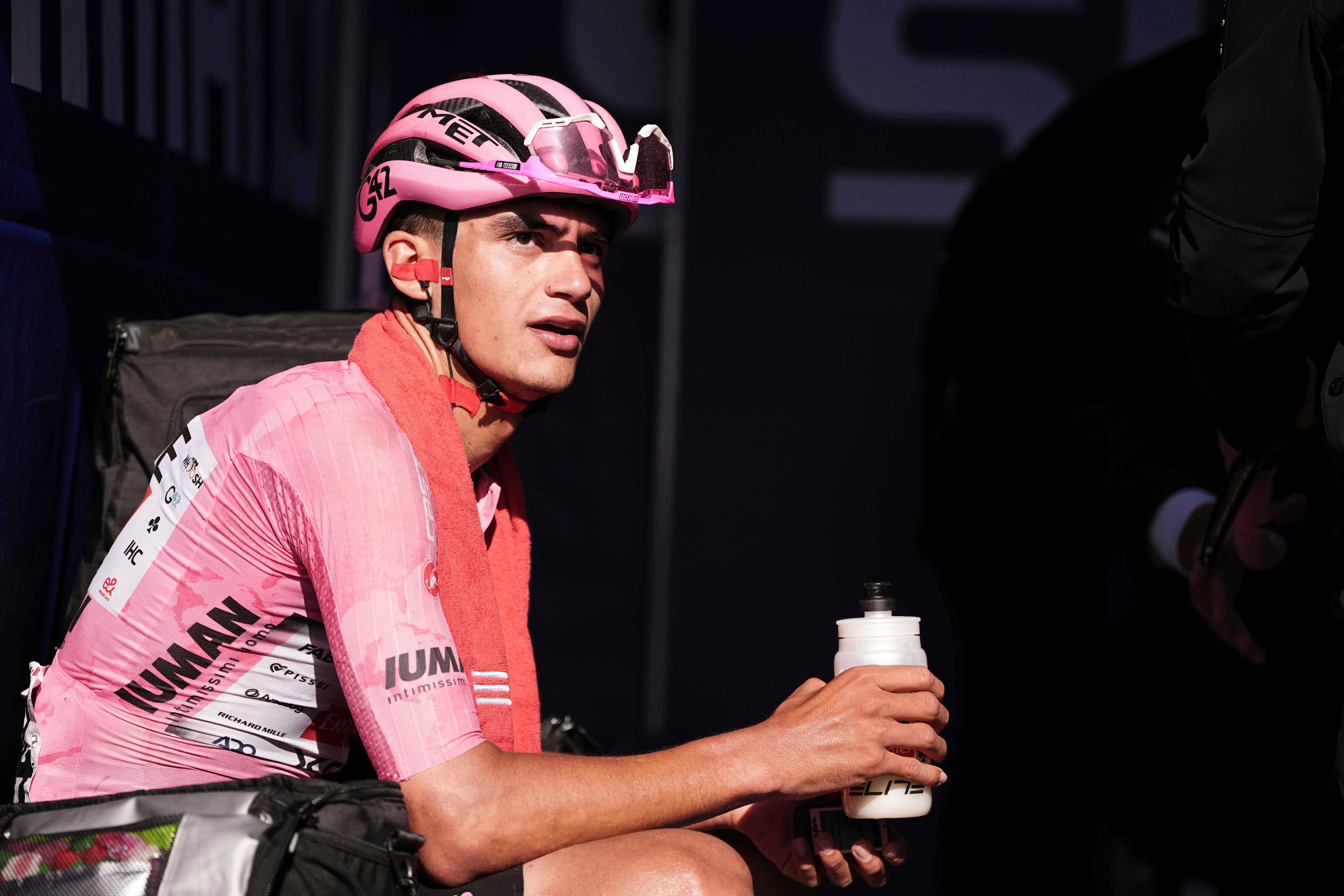 Mexico's Isaac Del Toro Romero of Uae Team Emirates Xrg, wearing the leader pink jersey, looks on after finishing the stage 16 of the Giro d'Italia from Piazzola sul Brenta to San Valentino, Italy, Tuesday, May 27, 2025. (Marco Alpozzi/LaPresse via AP)
