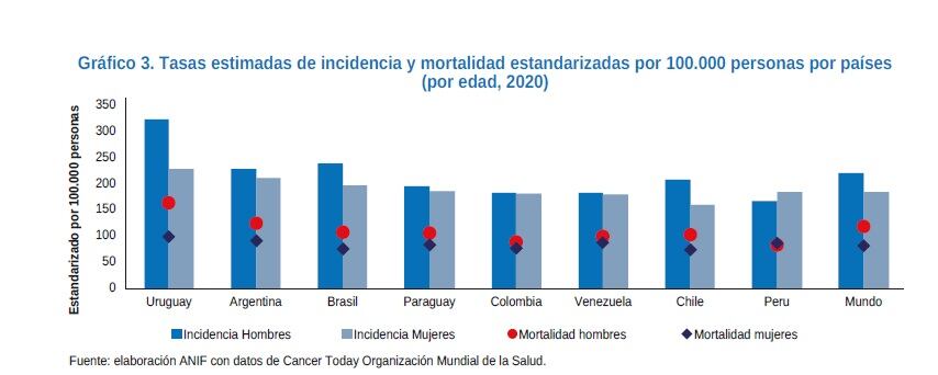 Tasas estimadas de incidencia y mortalidad estandarizadas por 100.000 personas por países
(por edad, 2020)
