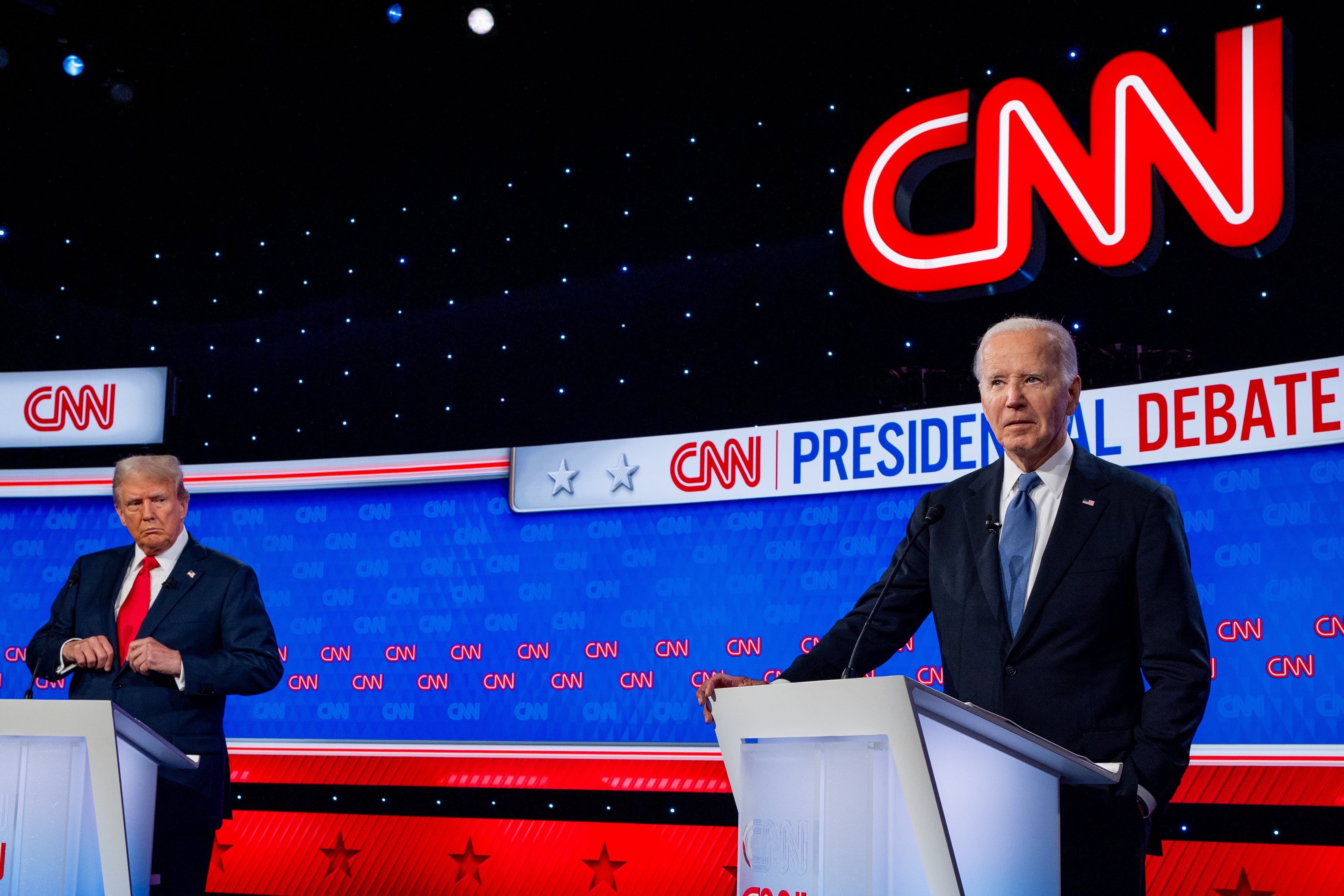 ATLANTA, GEORGIA - JUNE 27: U.S. President Joe Biden (R) and Republican presidential candidate, former U.S. President Donald Trump participate in the CNN Presidential Debate at the CNN Studios on June 27, 2024 in Atlanta, Georgia. President Biden and former President Trump are facing off in the first presidential debate of the 2024 campaign. (Photo by Justin Sullivan/Getty Images)