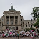 INDIANAPOLIS, IN - JULY 25: Protesters gather outside of Indiana State Capitol building on July 25, 2022 in Indianapolis, Indiana. Activists are gathering during a special session of the Indiana state Senate concerning abortion access in the state. (Photo by Jon Cherry/Getty Images)