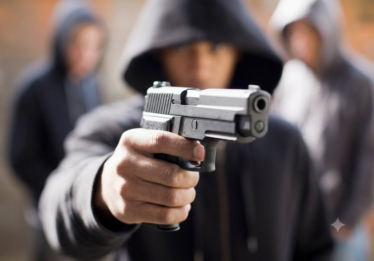 Arma de fuego - pistola - asesinato. Tiros, disparos.