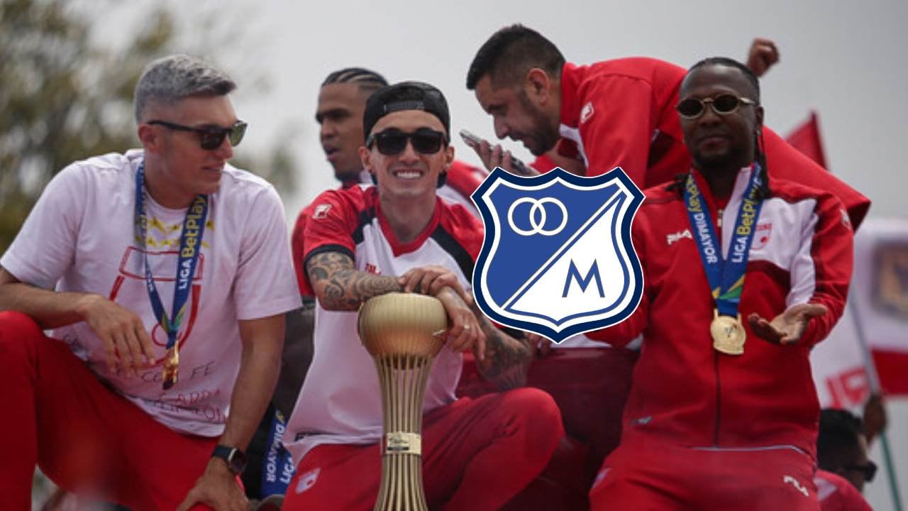 Jugadores de Santa Fe celebran un título / Escudo de Millonarios.